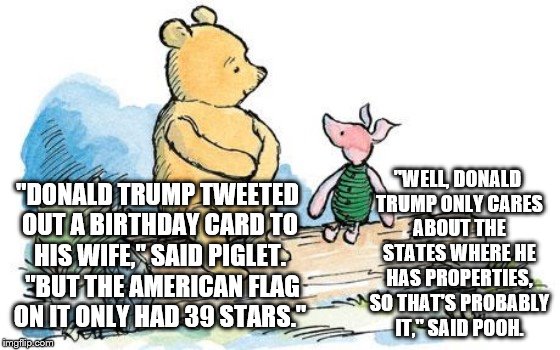 winnie the pooh and piglet | "WELL, DONALD TRUMP ONLY CARES ABOUT THE STATES WHERE HE HAS PROPERTIES, SO THAT'S PROBABLY IT," SAID POOH. "DONALD TRUMP TWEETED OUT A BIRTHDAY CARD TO HIS WIFE," SAID PIGLET.  "BUT THE AMERICAN FLAG ON IT ONLY HAD 39 STARS." | image tagged in winnie the pooh and piglet | made w/ Imgflip meme maker