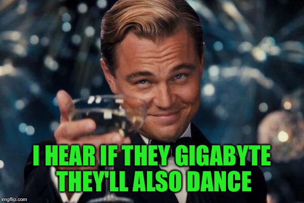 Leonardo Dicaprio Cheers Meme | I HEAR IF THEY GIGABYTE THEY'LL ALSO DANCE | image tagged in memes,leonardo dicaprio cheers | made w/ Imgflip meme maker