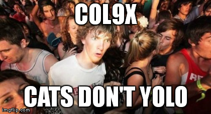 Sudden Clarity Clarence Meme | COL9X CATS DON'T YOLO | image tagged in memes,sudden clarity clarence | made w/ Imgflip meme maker