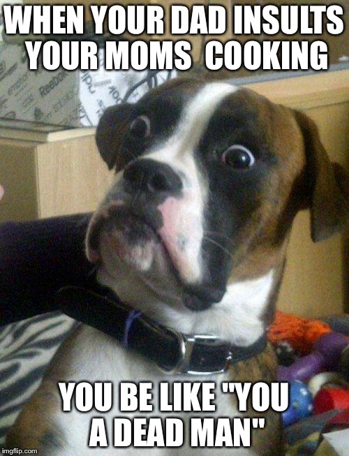 Blankie the Shocked Dog | WHEN YOUR DAD INSULTS YOUR MOMS 
COOKING; YOU BE LIKE "YOU A DEAD MAN" | image tagged in blankie the shocked dog | made w/ Imgflip meme maker