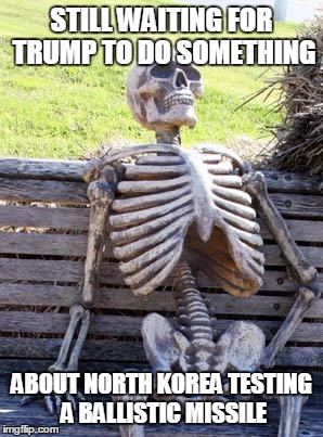 Waiting Skeleton | STILL WAITING FOR TRUMP TO DO SOMETHING; ABOUT NORTH KOREA TESTING A BALLISTIC MISSILE | image tagged in memes,waiting skeleton | made w/ Imgflip meme maker