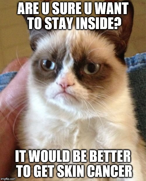 Grumpy Cat | ARE U SURE U WANT TO STAY INSIDE? IT WOULD BE BETTER TO GET SKIN CANCER | image tagged in memes,grumpy cat | made w/ Imgflip meme maker