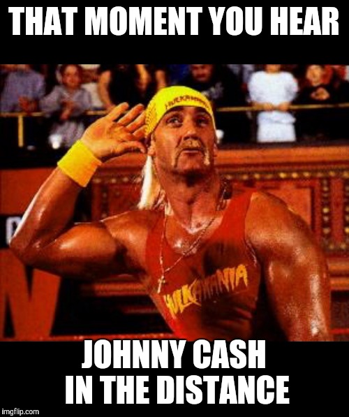 Hulk hogan  | THAT MOMENT YOU HEAR; JOHNNY CASH IN THE DISTANCE | image tagged in hulk hogan | made w/ Imgflip meme maker
