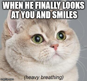 Heavy Breathing Cat | WHEN HE FINALLY LOOKS AT YOU AND SMILES | image tagged in memes,heavy breathing cat | made w/ Imgflip meme maker