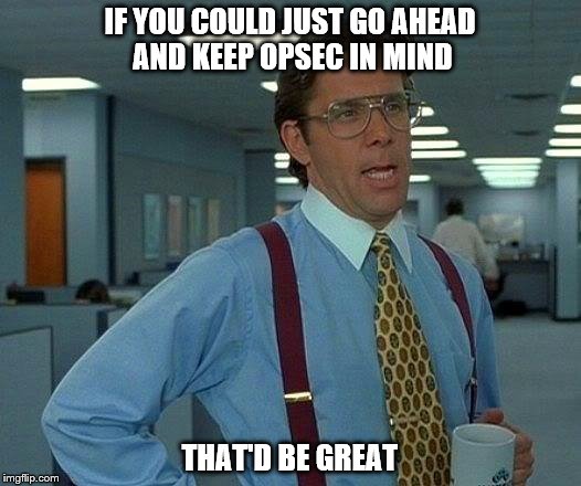 That Would Be Great Meme | IF YOU COULD JUST GO AHEAD AND KEEP OPSEC IN MIND; THAT'D BE GREAT | image tagged in memes,that would be great | made w/ Imgflip meme maker