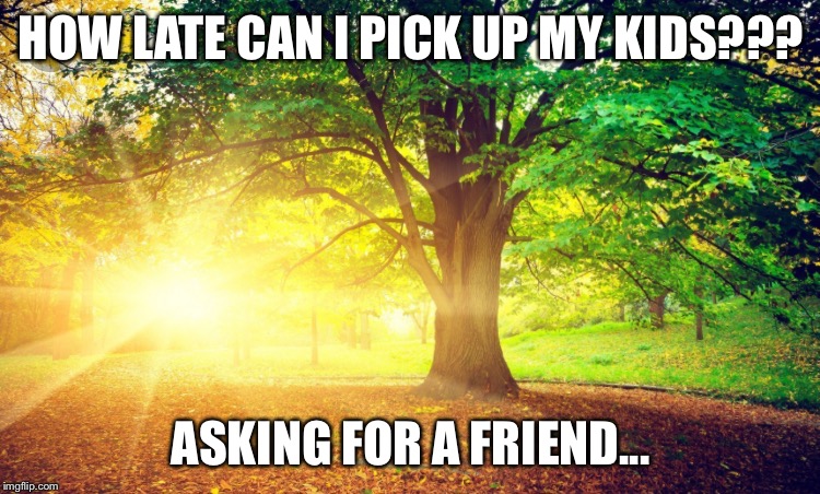 Sunrise  | HOW LATE CAN I PICK UP MY KIDS??? ASKING FOR A FRIEND... | image tagged in sunrise | made w/ Imgflip meme maker
