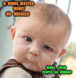 Skeptical Baby Meme | N.  KOREA  WASTES   MONEY  ON    MISSILES; WHILE    THEIR     PEOPLE   GO   HUNGRY | image tagged in memes,skeptical baby | made w/ Imgflip meme maker