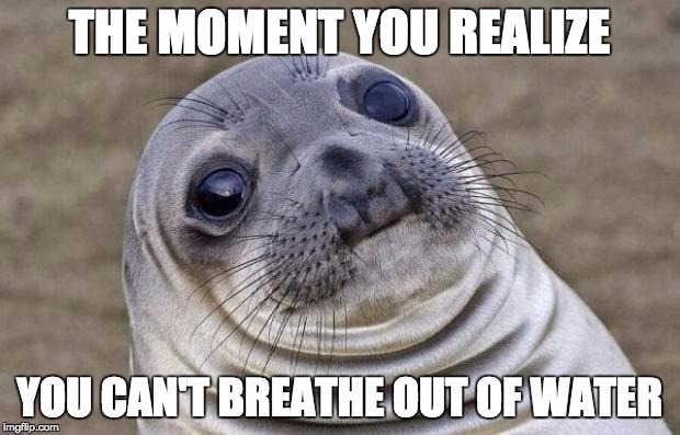 Bruh | THE MOMENT YOU REALIZE; YOU CAN'T BREATHE OUT OF WATER | image tagged in memes,awkward moment sealion | made w/ Imgflip meme maker