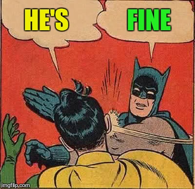 Batman Slapping Robin Meme | HE'S FINE | image tagged in memes,batman slapping robin | made w/ Imgflip meme maker