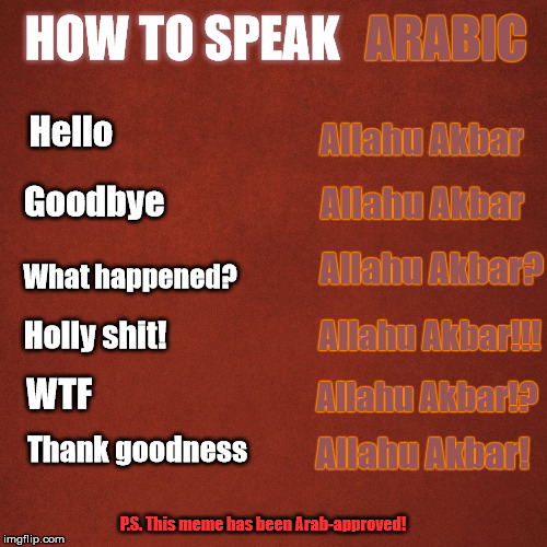 Blank Red Background | ARABIC; HOW TO SPEAK; Allahu Akbar; Hello; Goodbye; Allahu Akbar; Allahu Akbar? What happened? Allahu Akbar!!! Holly shit! Allahu Akbar!? WTF; Allahu Akbar! Thank goodness; P.S. This meme has been Arab-approved! | image tagged in blank red background | made w/ Imgflip meme maker