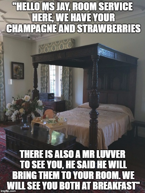 Room Service | "HELLO MS JAY, ROOM SERVICE HERE, WE HAVE YOUR CHAMPAGNE AND STRAWBERRIES; THERE IS ALSO A MR LUVVER TO SEE YOU, HE SAID HE WILL BRING THEM TO YOUR ROOM. WE WILL SEE YOU BOTH AT BREAKFAST" | image tagged in cheeky | made w/ Imgflip meme maker