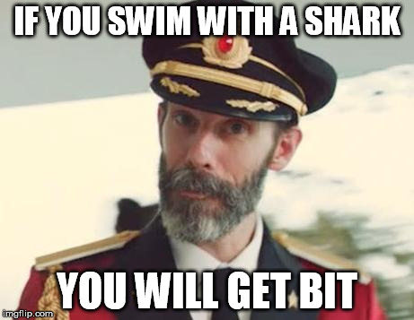 Great insight from Captain Obvious | IF YOU SWIM WITH A SHARK; YOU WILL GET BIT | image tagged in captain obvious | made w/ Imgflip meme maker