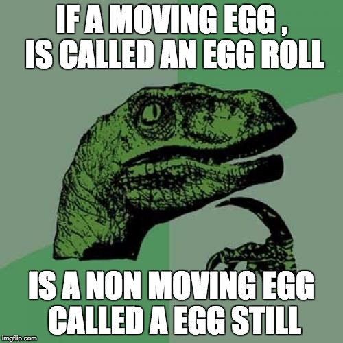 Philosoraptor Meme | IF A MOVING EGG , IS CALLED AN EGG ROLL; IS A NON MOVING EGG CALLED A EGG STILL | image tagged in memes,philosoraptor | made w/ Imgflip meme maker