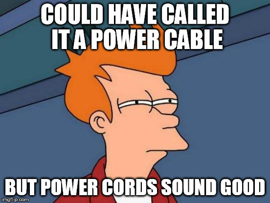 Futurama Fry Meme | COULD HAVE CALLED IT A POWER CABLE BUT POWER CORDS SOUND GOOD | image tagged in memes,futurama fry | made w/ Imgflip meme maker