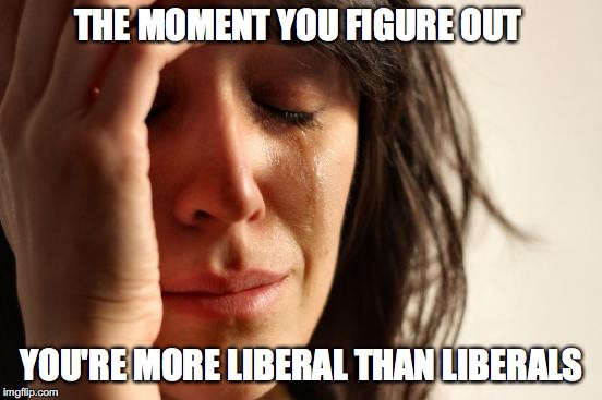 First World Problems | THE MOMENT YOU FIGURE OUT; YOU'RE MORE LIBERAL THAN LIBERALS | image tagged in memes,first world problems | made w/ Imgflip meme maker