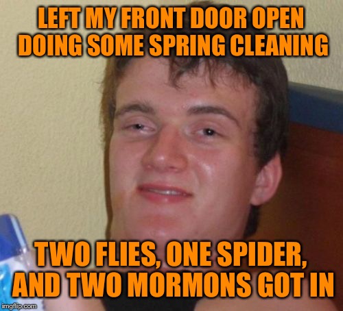 Spring cleaning probs | LEFT MY FRONT DOOR OPEN DOING SOME SPRING CLEANING; TWO FLIES, ONE SPIDER, AND TWO MORMONS GOT IN | image tagged in memes,10 guy,funny | made w/ Imgflip meme maker