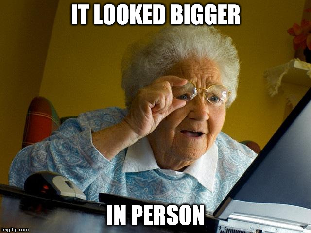 Grandma Finds The Internet | IT LOOKED BIGGER; IN PERSON | image tagged in memes,grandma finds the internet | made w/ Imgflip meme maker