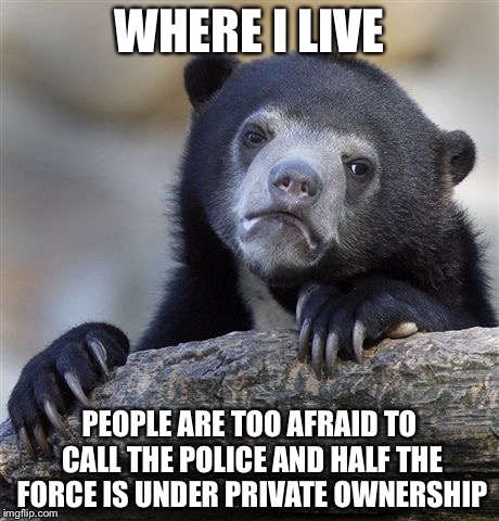 Confession Bear Meme | WHERE I LIVE PEOPLE ARE TOO AFRAID TO CALL THE POLICE AND HALF THE FORCE IS UNDER PRIVATE OWNERSHIP | image tagged in memes,confession bear | made w/ Imgflip meme maker