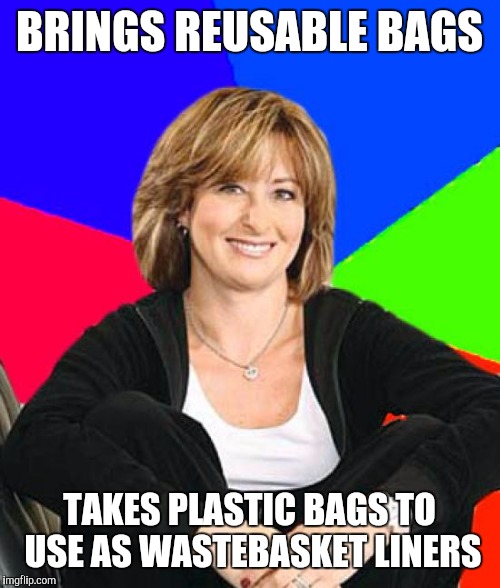 Sheltering suburban mom  | BRINGS REUSABLE BAGS; TAKES PLASTIC BAGS TO USE AS WASTEBASKET LINERS | image tagged in memes,sheltering suburban mom | made w/ Imgflip meme maker