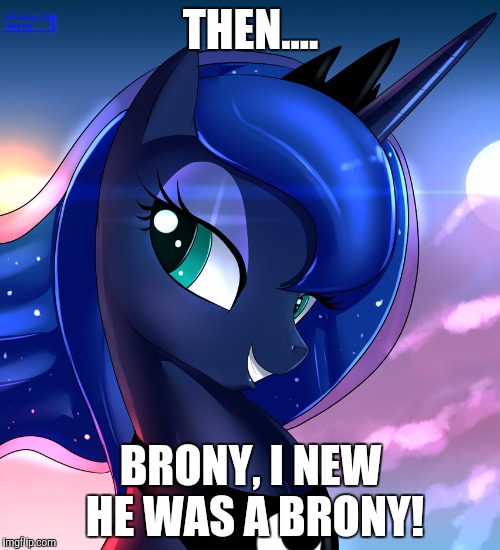 hello luna | THEN.... BRONY, I NEW HE WAS A BRONY! | image tagged in hello luna | made w/ Imgflip meme maker