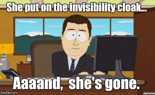 1iliac.jpg | She put on the invisibility cloak... Aaaand,  she's gone. | image tagged in 1iliacjpg | made w/ Imgflip meme maker