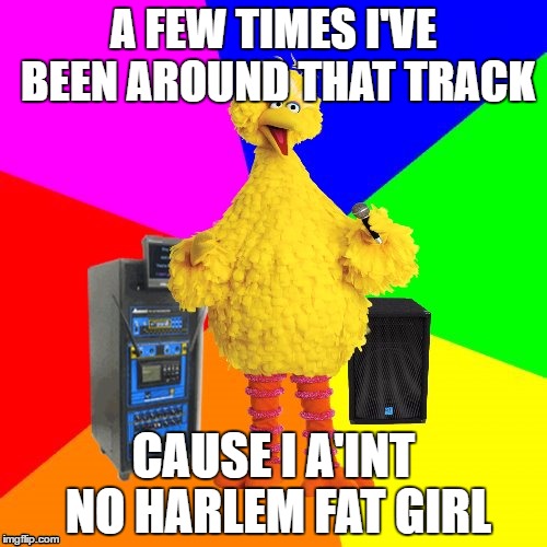 Wrong lyrics karaoke big bird | A FEW TIMES I'VE BEEN AROUND THAT TRACK; CAUSE I A'INT NO HARLEM FAT GIRL | image tagged in wrong lyrics karaoke big bird | made w/ Imgflip meme maker