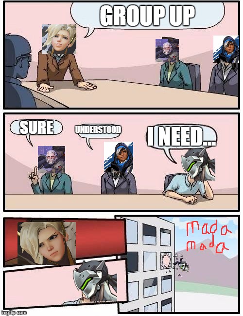 Boardroom Meeting Suggestion | GROUP UP; SURE; UNDERSTOOD; I NEED... | image tagged in memes,boardroom meeting suggestion,overwatch | made w/ Imgflip meme maker