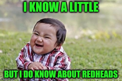 Evil Toddler Meme | I KNOW A LITTLE BUT I DO KNOW ABOUT REDHEADS | image tagged in memes,evil toddler | made w/ Imgflip meme maker