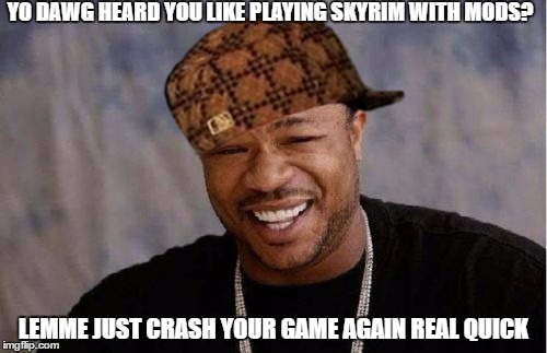 That Problematic Little Skyrim Mod | YO DAWG HEARD YOU LIKE PLAYING SKYRIM WITH MODS? LEMME JUST CRASH YOUR GAME AGAIN REAL QUICK | image tagged in memes,yo dawg heard you,scumbag | made w/ Imgflip meme maker