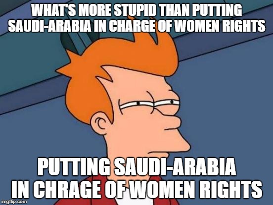 Futurama Fry | WHAT'S MORE STUPID THAN PUTTING SAUDI-ARABIA IN CHARGE OF WOMEN RIGHTS; PUTTING SAUDI-ARABIA IN CHRAGE OF WOMEN RIGHTS | image tagged in memes,futurama fry | made w/ Imgflip meme maker