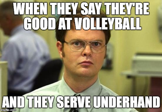 Dwight Schrute | WHEN THEY SAY THEY'RE GOOD AT VOLLEYBALL; AND THEY SERVE UNDERHAND | image tagged in memes,volleyball | made w/ Imgflip meme maker