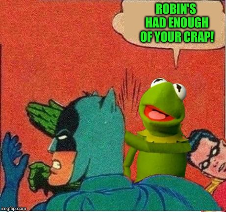 Kermit saving Robin | ROBIN'S HAD ENOUGH OF YOUR CRAP! | image tagged in kermit saving robin | made w/ Imgflip meme maker
