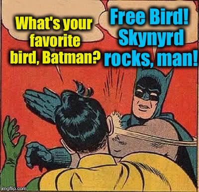 It's Rock Week on ImgFlip!! | What's your favorite bird, Batman? Free Bird! Skynyrd rocks, man! | image tagged in memes,batman slapping robin,evilmandoevil,rock week,funny | made w/ Imgflip meme maker