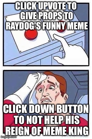 To vote or not to vote | CLICK UPVOTE TO GIVE PROPS TO RAYDOG'S FUNNY MEME; CLICK DOWN BUTTON TO NOT HELP HIS REIGN OF MEME KING | image tagged in two buttons,funny,memes | made w/ Imgflip meme maker