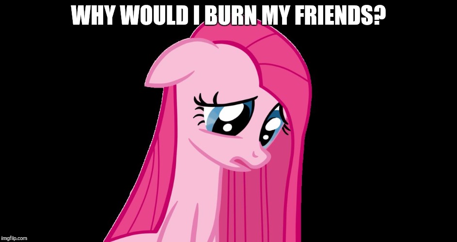 sad pinkie pie | WHY WOULD I BURN MY FRIENDS? | image tagged in sad pinkie pie | made w/ Imgflip meme maker