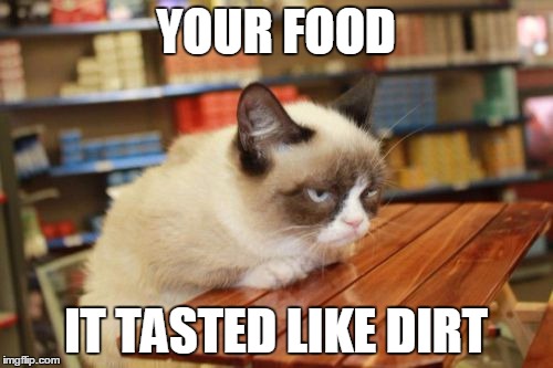Grumpy Cat Table | YOUR FOOD; IT TASTED LIKE DIRT | image tagged in memes,grumpy cat table,grumpy cat | made w/ Imgflip meme maker