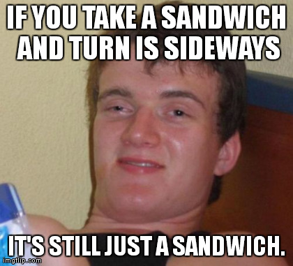 10 Guy Meme | IF YOU TAKE A SANDWICH AND TURN IS SIDEWAYS IT'S STILL JUST A SANDWICH. | image tagged in memes,10 guy | made w/ Imgflip meme maker