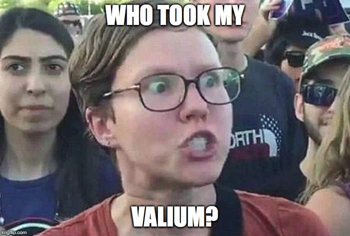 Triggered | WHO TOOK MY; VALIUM? | image tagged in triggered liberal | made w/ Imgflip meme maker