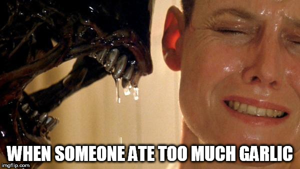 Eat more garlic!!! | WHEN SOMEONE ATE TOO MUCH GARLIC | image tagged in alien | made w/ Imgflip meme maker