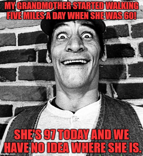 know what i mean Vern? | MY GRANDMOTHER STARTED WALKING FIVE MILES A DAY
WHEN SHE WAS 60! SHE'S 97 TODAY AND WE HAVE NO IDEA WHERE SHE IS. | image tagged in know what i mean vern | made w/ Imgflip meme maker