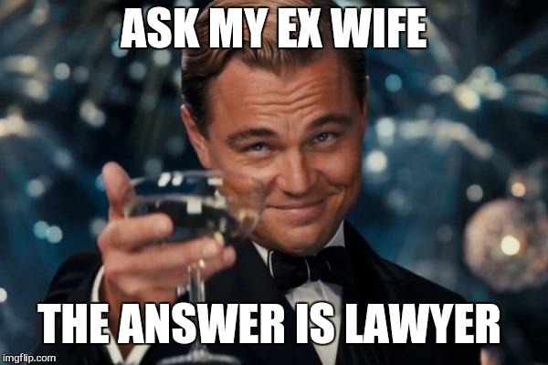 Leonardo Dicaprio Cheers Meme | ASK MY EX WIFE THE ANSWER IS LAWYER | image tagged in memes,leonardo dicaprio cheers | made w/ Imgflip meme maker