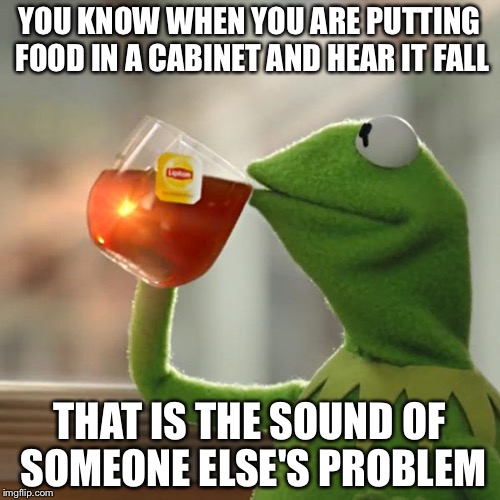 But That's None Of My Business | YOU KNOW WHEN YOU ARE PUTTING FOOD IN A CABINET AND HEAR IT FALL; THAT IS THE SOUND OF SOMEONE ELSE'S PROBLEM | image tagged in memes,but thats none of my business,kermit the frog | made w/ Imgflip meme maker
