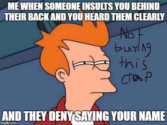 Futurama Fry Meme | ME WHEN SOMEONE INSULTS YOU BEHIND THEIR BACK AND YOU HEARD THEM CLEARLY; AND THEY DENY SAYING YOUR NAME | image tagged in memes,futurama fry | made w/ Imgflip meme maker
