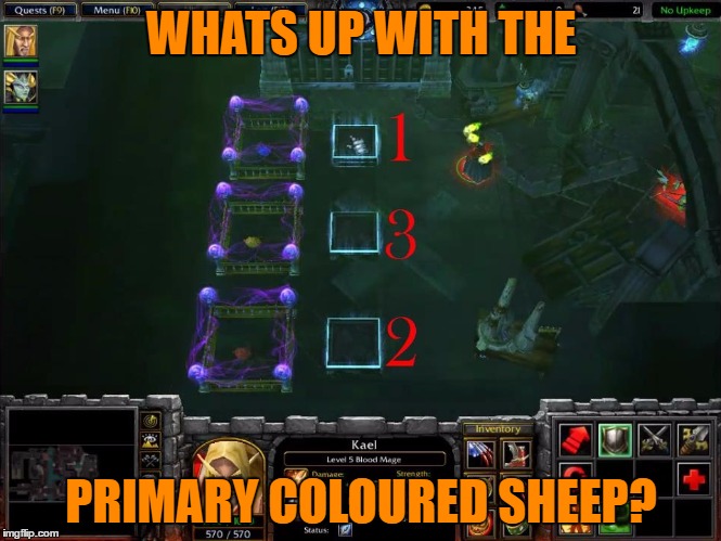 WHATS UP WITH THE; PRIMARY COLOURED SHEEP? | image tagged in warcraft,blood elf,sheep | made w/ Imgflip meme maker