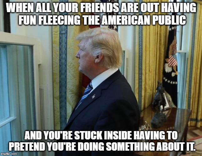Sad Trump | WHEN ALL YOUR FRIENDS ARE OUT HAVING FUN FLEECING THE AMERICAN PUBLIC; AND YOU'RE STUCK INSIDE HAVING TO PRETEND YOU'RE DOING SOMETHING ABOUT IT. | image tagged in sad trump,humor,donald trump,politcs | made w/ Imgflip meme maker