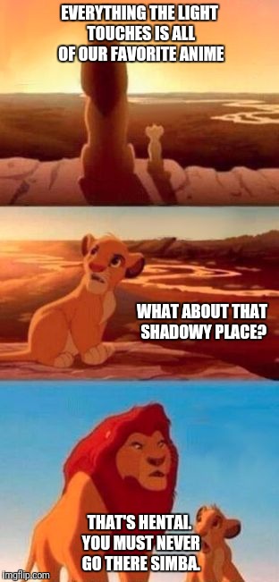 simba | EVERYTHING THE LIGHT TOUCHES IS ALL OF OUR FAVORITE ANIME; WHAT ABOUT THAT SHADOWY PLACE? THAT'S HENTAI. YOU MUST NEVER GO THERE SIMBA. | image tagged in simba | made w/ Imgflip meme maker