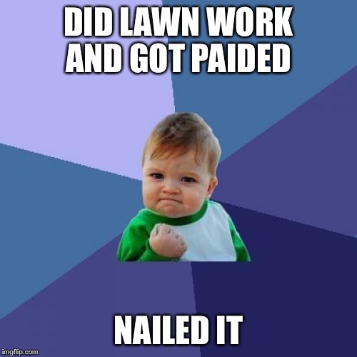 Success Kid | DID LAWN WORK AND GOT PAIDED; NAILED IT | image tagged in memes,success kid | made w/ Imgflip meme maker