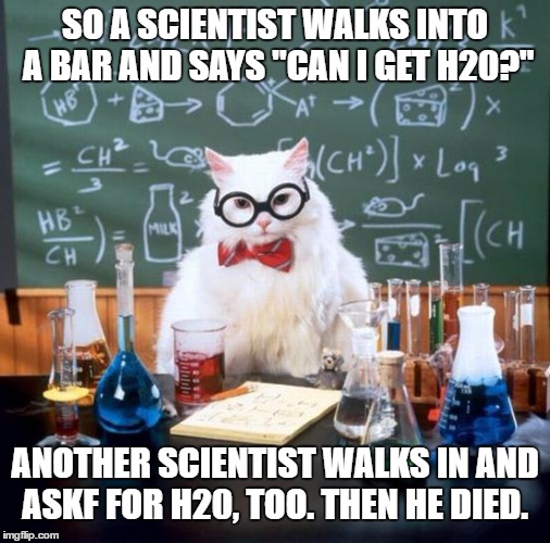 ya'll better go back to high school if you don't get this | SO A SCIENTIST WALKS INTO A BAR AND SAYS "CAN I GET H20?"; ANOTHER SCIENTIST WALKS IN AND ASKF FOR H20, TOO. THEN HE DIED. | image tagged in memes,chemistry cat,funny | made w/ Imgflip meme maker
