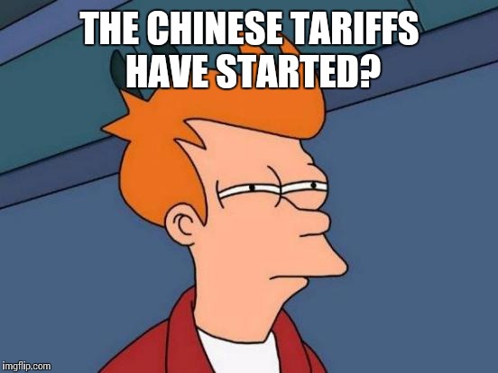 Futurama Fry Meme | THE CHINESE TARIFFS HAVE STARTED? | image tagged in memes,futurama fry | made w/ Imgflip meme maker