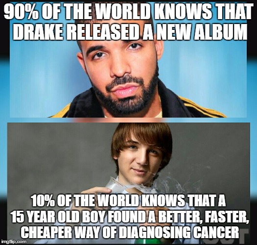 Society | 90% OF THE WORLD KNOWS THAT DRAKE RELEASED A NEW ALBUM; 10% OF THE WORLD KNOWS THAT A 15 YEAR OLD BOY FOUND A BETTER, FASTER, CHEAPER WAY OF DIAGNOSING CANCER | image tagged in society | made w/ Imgflip meme maker